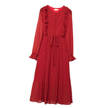 Load image into Gallery viewer, BGTEEVER Vintage O-neck Ruffles Chiffon Women Dress Flare Sleeve Polka Dot Lace Up Female Dress Two Layers Pleated Vestidos